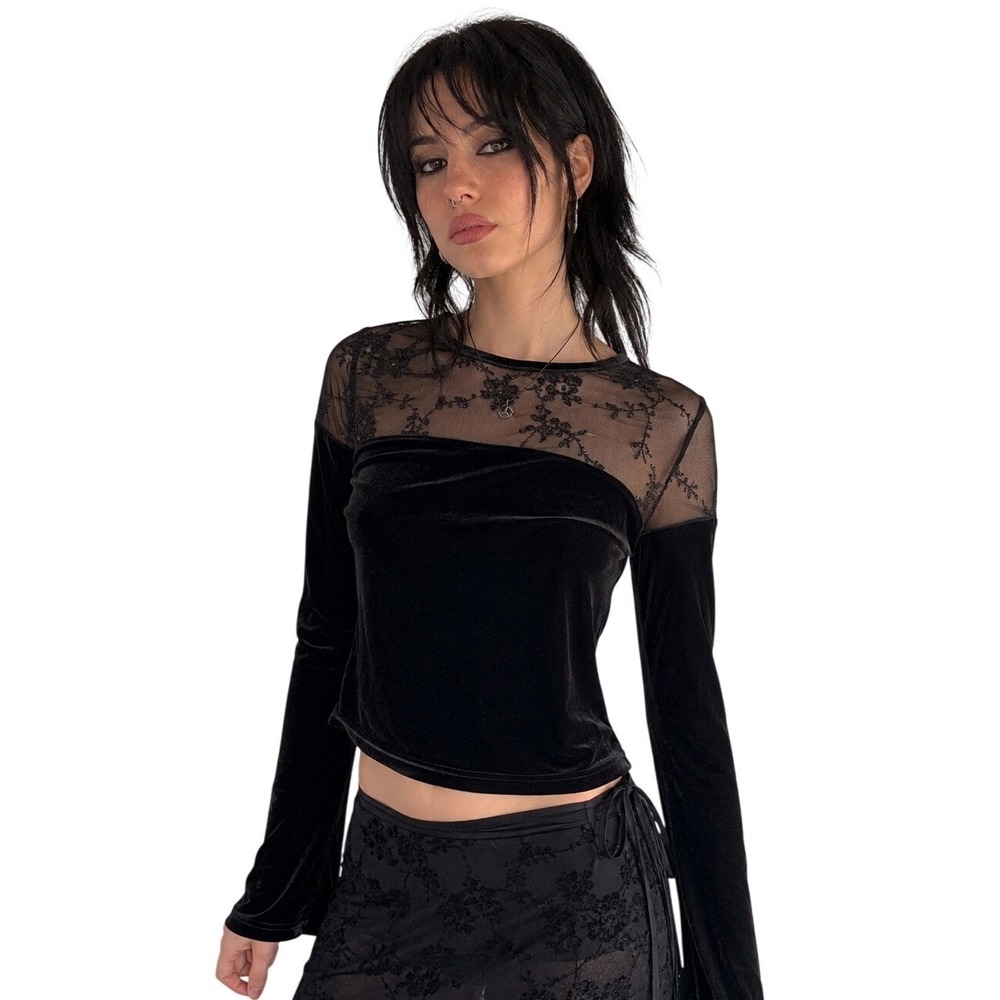 HAIRSTON ROBERSON Velvet Mesh Floral Sheer Goth Top Black Size S